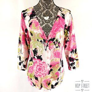 CHRISTOPHER & BANKS Sweater Floral One Button 3/4 Sleeve Cotton Cardigan M